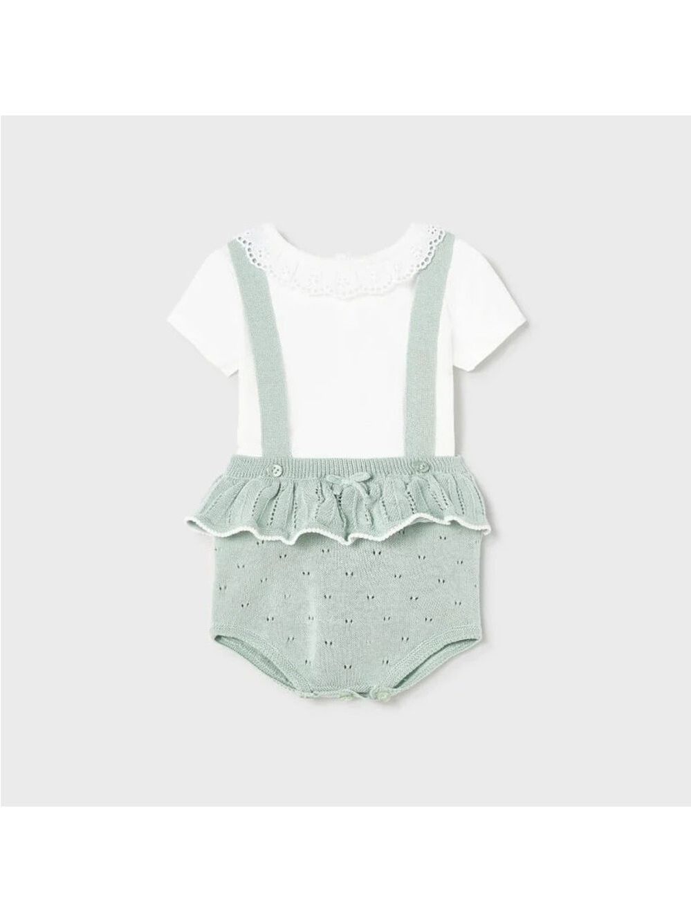 Size 18 months Mayoral White and Mint Knit Ruffle Suspender Romper Set